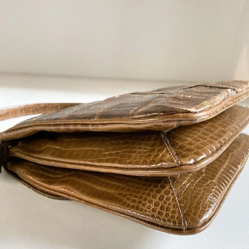 Vintage 50s 60s Faux Croc Skin Brown Square Handbag